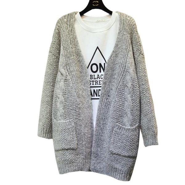 

women retro loose sweater pocket jumper clothing vestidos coat thick new autumn winter long knit cardigan, White