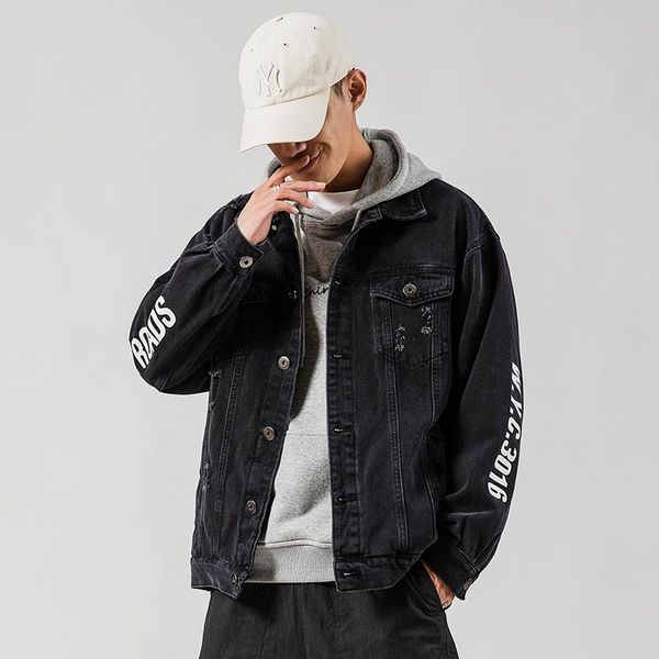 

spring and autumn men's fashion loose denim jacket denim clothes bomber jacket clothing men's hip hop print, Black;brown