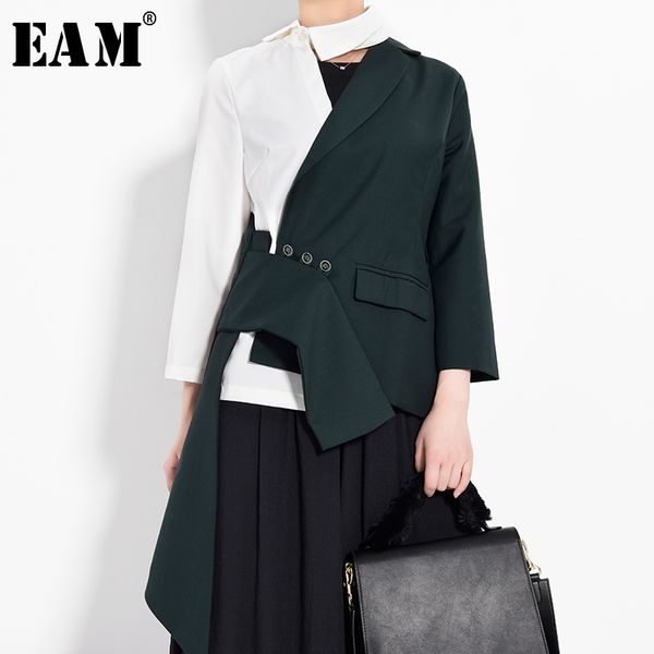 

[eam] women green irregular split blazer new lapel long sleeve loose fit jacket fashion tide spring autumn ja42406 201114, White;black