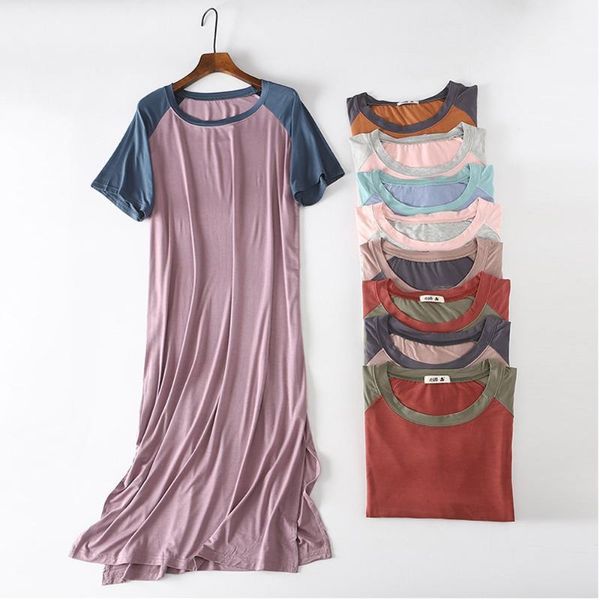 

women summer dress modal casual loose contrast color fashion o neck long t shirt dress vestidos split nightwear dresses1, Black;gray