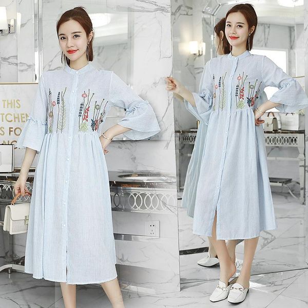 

maternity dresses 1259# dress summer stripe embroidery short sleeve easy matching loose stylish for pregnant women mom1, White