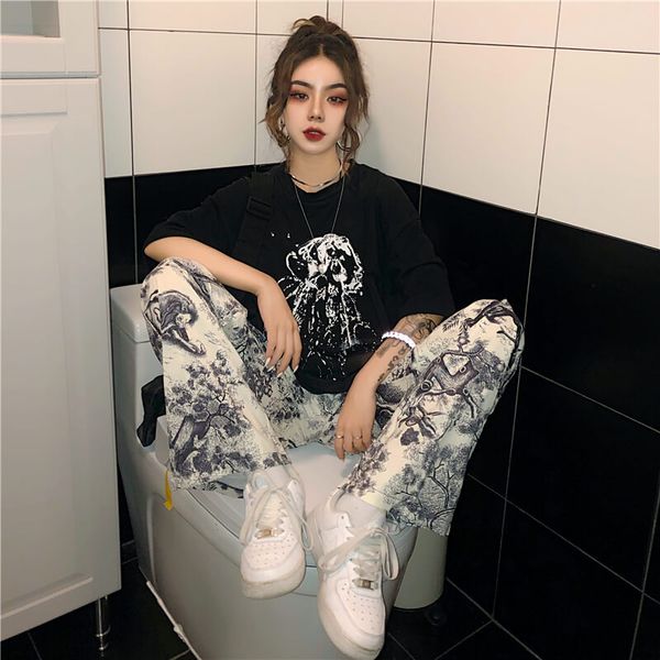 

new retro summer trousers loose high waist waist thin straight printing wide leg women casual pants women pants, Black;white