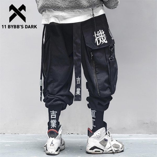 

11 bybb's dark multi pocket hip hop pants men ribbon elastic waist harajuku streetwear joggers mens trousers techwear pants lj200827, Black