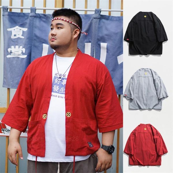 

2021 plus size kimono japanese style yukata gray black red yukata cardigan belt haori loose wide short sleeve casual men male1