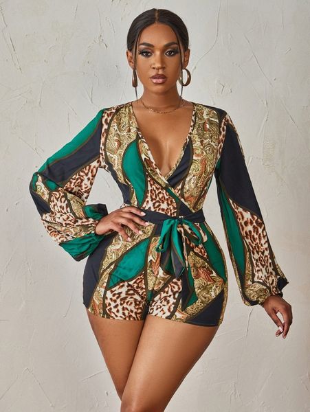 

sxy leopard & paisley print colorblock lantern sleeve belted romper a00w#, White