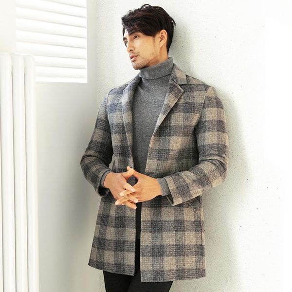 

men's woolen coat men's wear fall / winter 2020 double faced medium length windbreaker plaid albaka wool coat, Tan;black