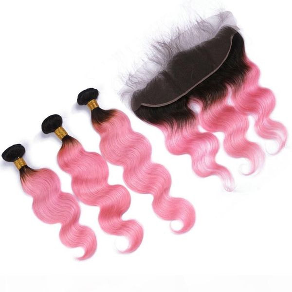 

malaysian pink ombre human hair weaves with lace frontal body wave dark root 1b pink ombre 13x4 full lace frontal closure with 3bundles, Black;brown