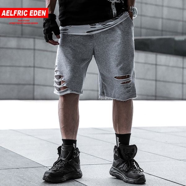 

2021 new aelfric eden hip hop hole casual shorts men harajuku jogger oversize elastic loose short streetwear knee length track pants 8xov, White;black