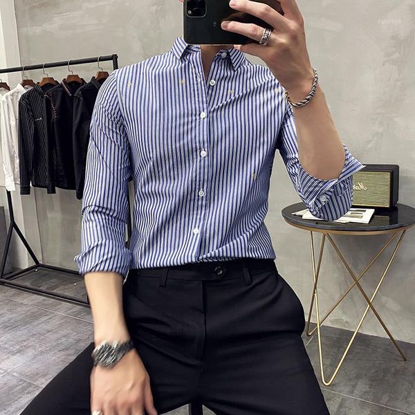 

brand men's boutique shirt men casual slim shirt striped print comfortable business dress long sleeve lapel men shirts1, White;black