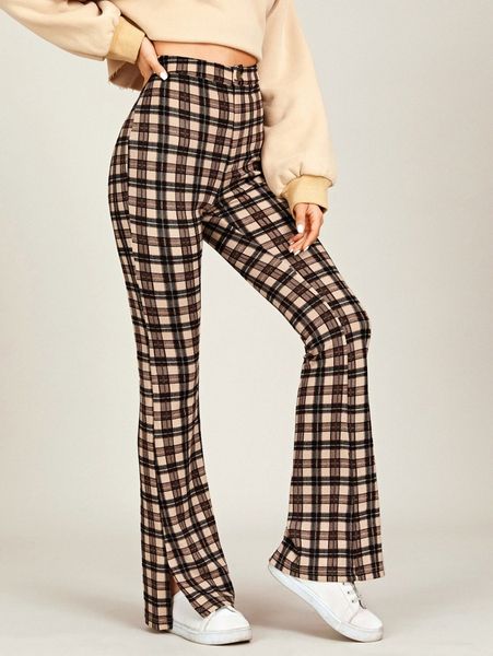 

split hem tartan flare leg pants 87ui#, Black;white