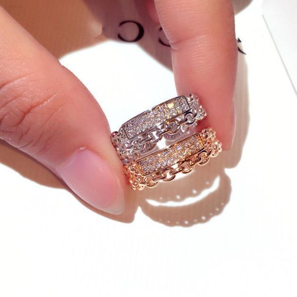 

wedding rings creative chain design double-deck women silver color ring with micro paved cz couple for girlfriend&boyfriend1, Slivery;golden