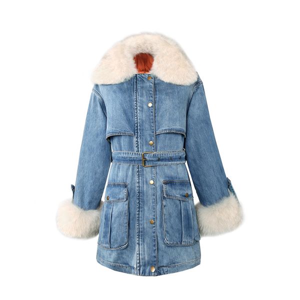 

2021 New Winter Leather Detachable Collar Covers White Duck Lining Down with Women's Belt Denim Jacket Outerwear 69OB, Black