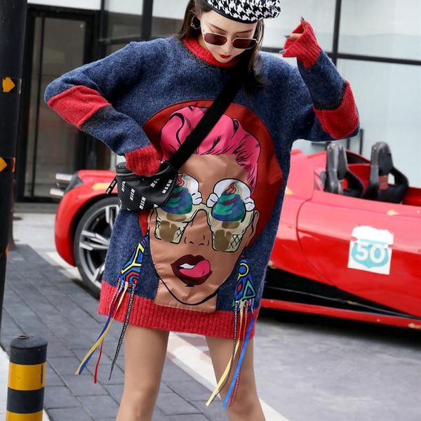 

clotheshorse miss patch knitted sweaters women contrast color tassel pullover knitwear spring thick warm jumper femme1, White;black