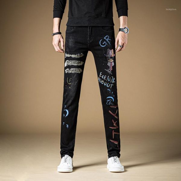

new high-end diamond inlaid black hole elastic jeans men's slim feet printed drilling denim pants long trousers streetwear1, Blue