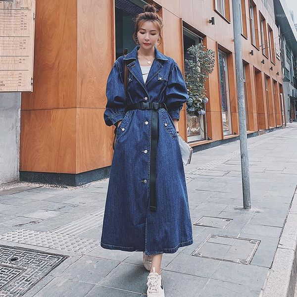 

women's trench coat denim blue lapel plus long 2020 autumn new style korean fashion single-breasted solid color belted coat nz81, Tan;black