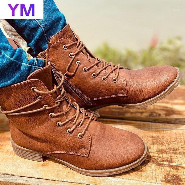 

2020 new winter round toe women motorcycle boots fashion zipper leather lace-up boots thicken plush warm block heel fall1, Black