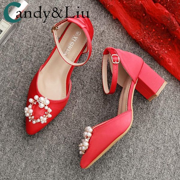 

sandals wedding fat square chunky heel traditional party dress red bridal high heels pearl crystal satin pregnant women pumps, Black