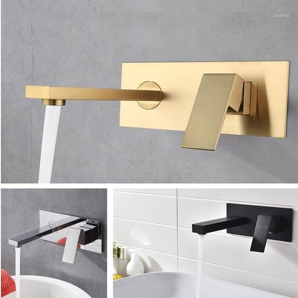 

brushed gold black chrome bathroom faucet basin sink tap wall mounted kitchen concealed box square brass cold mixer water1