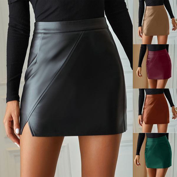 

women pu split skirt panelled high waist a line solid color skirt ladies clothing, Black