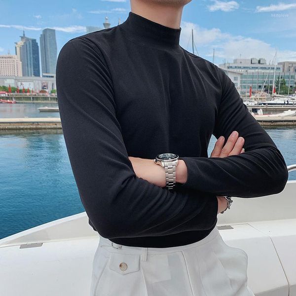 

2020 autumn low collar casual solid color long sleeve t-shirt base shirt mens black royal t shirt men slim fit men tee dark gray1, White;black