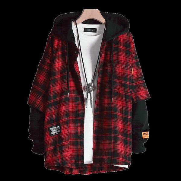 

men's casual shirts japanese hip hop autumn hooded men shirt lattice red loose baju kaos pria student mens coat bb60ncs, White;black