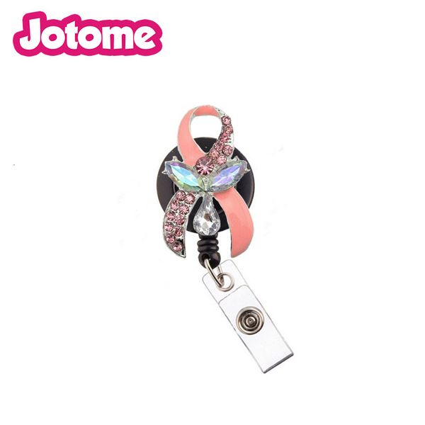 

card in stock rn style brooch medical retractable holder nurse breast cancer awareness pink ribbon id working holder, Slivery;golden