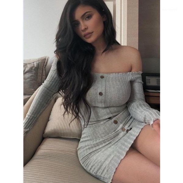 

autumn slim dress female solid color strapless long sleeve twill tight dress mini 2020 fashion luxury new a71, Black;gray