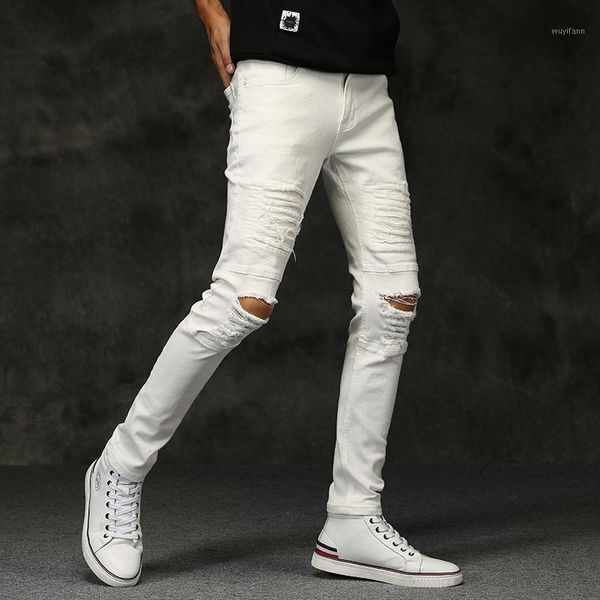

2019 autumn new men jeans black white classic fashion hole style denim skinny jeans men's casual slim fit trousers1, Blue