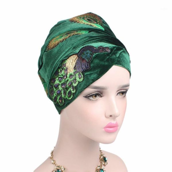 

2020 velvet hijab head scarf for women sequins peacock turban hat muslim headscarf ladies african wrap head scarves turbante1, Red