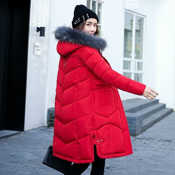 

winter new women's mid length slim big hair collar down cotton padded jacket women, Black