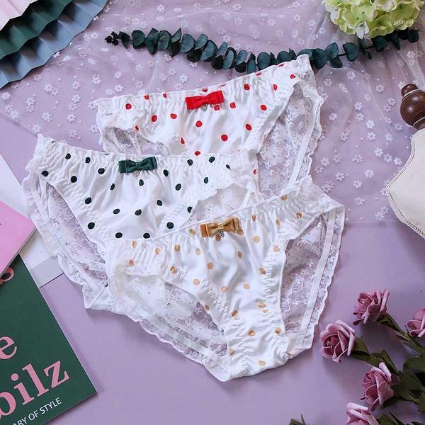 

french retro dot printing bow mesh underwear lolita lace female low waist thin briefs sift girl japanese women's panties1, Black;pink