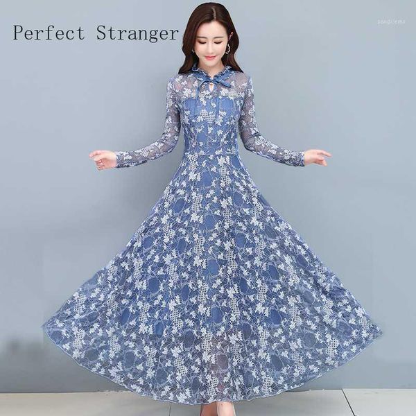 

2020 autumn winter new arrival elegant stand collar bowknot lace hollow-out women long dress plus size -3xl1, Black;gray