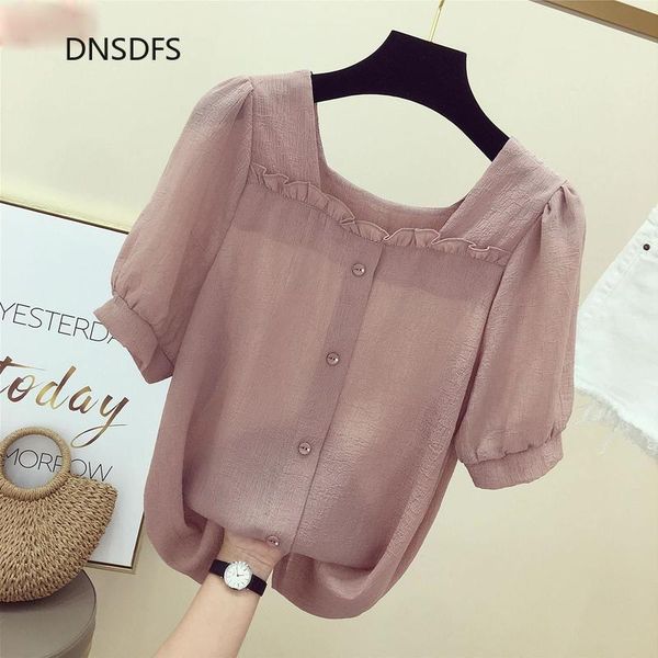 

summer shirts korean ladies fashion short sleeve chiffon shirt simple ruffle button 2021 office blouse women blusas mujer, White