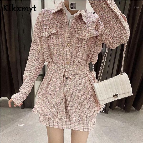 

klkxmyt 2020 autumn two pieces set women fashion with belt tweed jacket coat lady high waist a-line mini skirts womens sets1, Gray