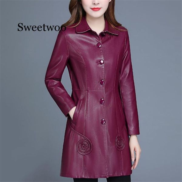 

women's leather & faux jacket women wine red long pu coat 2021 autumn winter korean slim black -6xl plus size clothing
