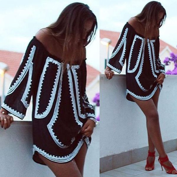 

2017 new women boho long sleeve casual loose beach mini dress sundress tunic uk6-121, Black;gray