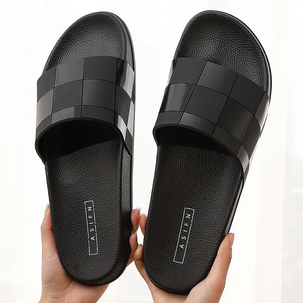 

brand cube designer black indoor men slippers house bathroom non-slip flat couples shoes for male pvc home bedroom men slides