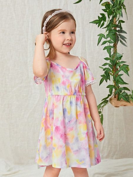

toddler girls tie dye lace trim cold shoulder smock dress she, Red;yellow