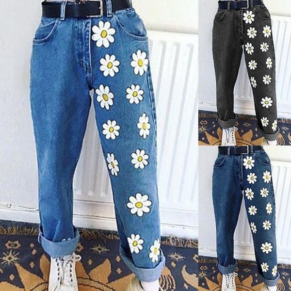 

women's pants & capris vogue 2021 summer autumn vintage jeans women long trousers cowboy female loose streetwear fashion flower print, Black;white