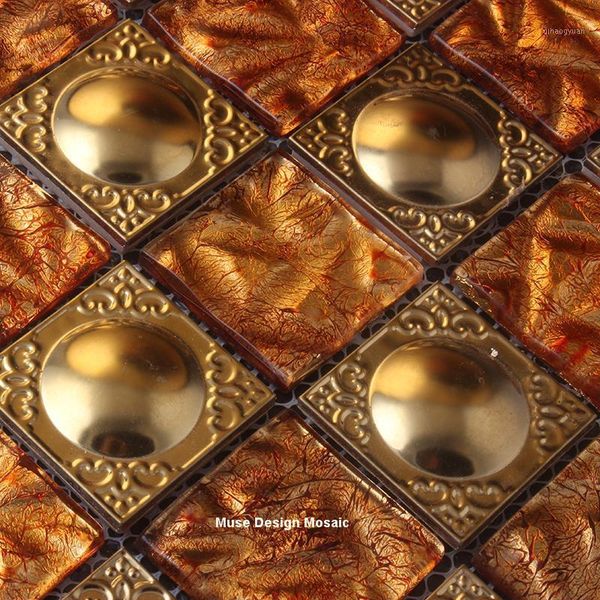 

flower gold metal mixed gold foil crystal glass mosaic tile for indoor fireplace waistline outdoor wall tile decoration1