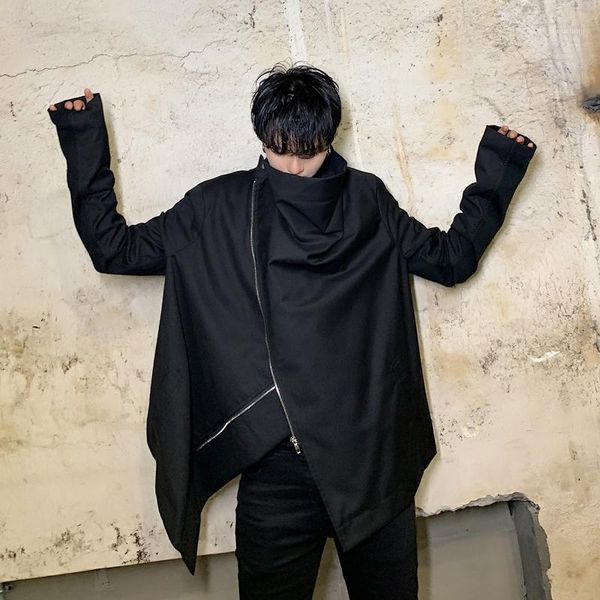 

harajuku japanese style men's irregular zipper jacket men autumn casual solid fashion street clothing high collar mens overcoat1, Black;brown