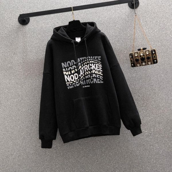 

letter print hooded all-match plus velvet sweatshirt, Black