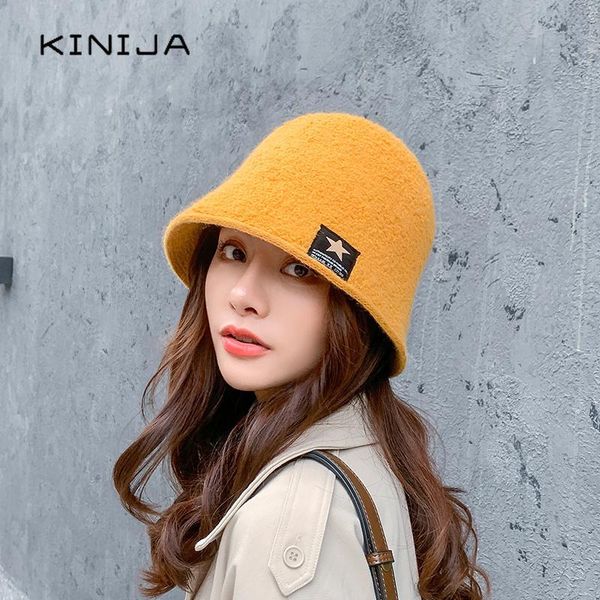 

2020 autumn thick cashmere bucket hat korean solid color with five-pointed star logo warm ladies cap winter outdoor panama hat, Black;white