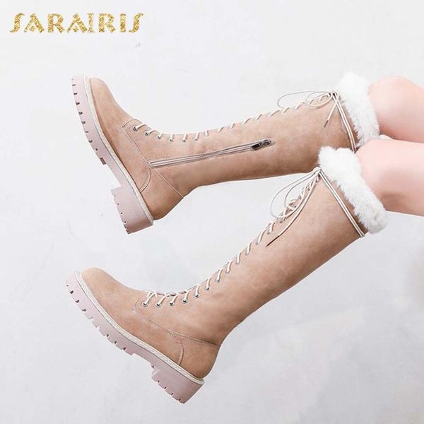 

boots 2021 sarairis black apricot plush warm winter snow woman shoes thick heels skidproof cross tied boot ladies