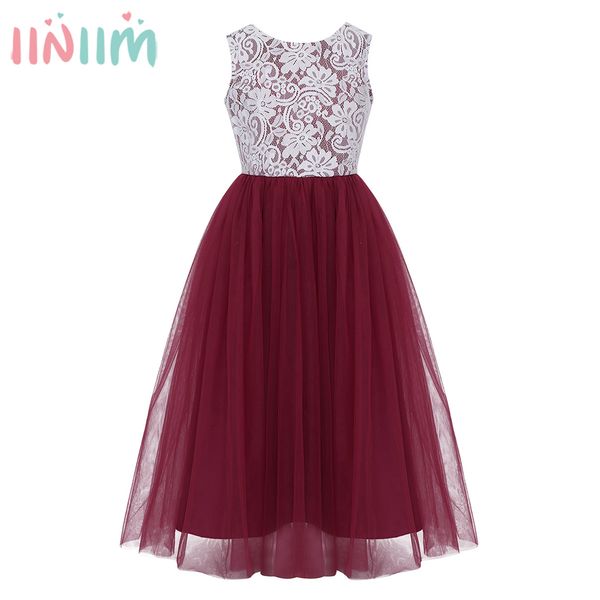 

princess dress for kids girls floral lace v-shaped back flower girl dress maxi dresses wedding vestido de festa party dress t200709, Red;yellow