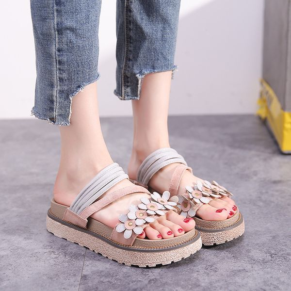 

fashion flower women summer slippers pu female mules thick heel ladies platform shoes flat beach slippers female summer slides, Black