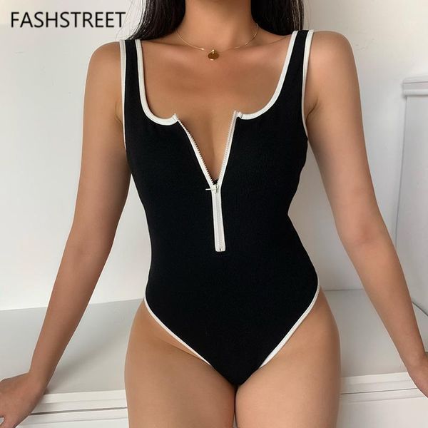 

fashstreet 2020 knitted splice zipper split skinny bodysuits summer women sleeveless backless tank body party streetwear1, Black;white