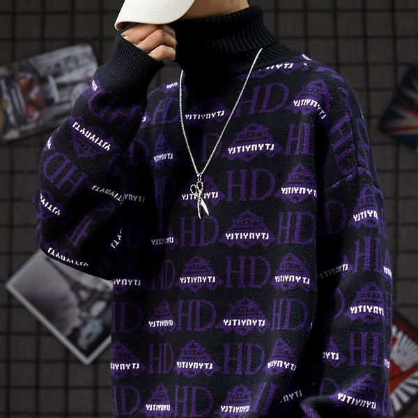

men's sweaters winter pullover man casual loose korean style fashion turtleneck oversized pull hiver clothing db60m, White;black