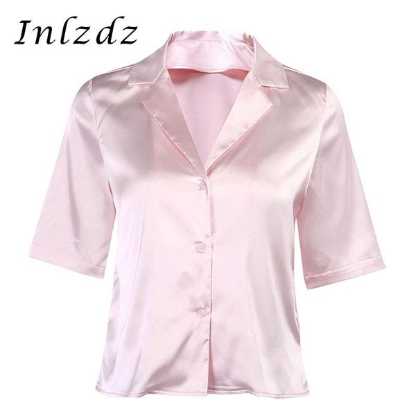 

ladies solid color pink shirts work wear women casual short sleeve satin silk turn down collar blouse fashion chic casual, White