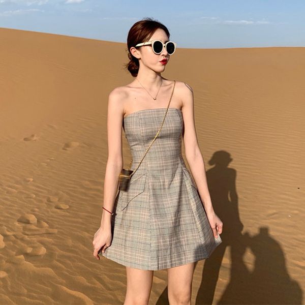 

2021 summer women strapless mini fashion new retro chess little miss skinny night club dressed as party delo, Black;gray